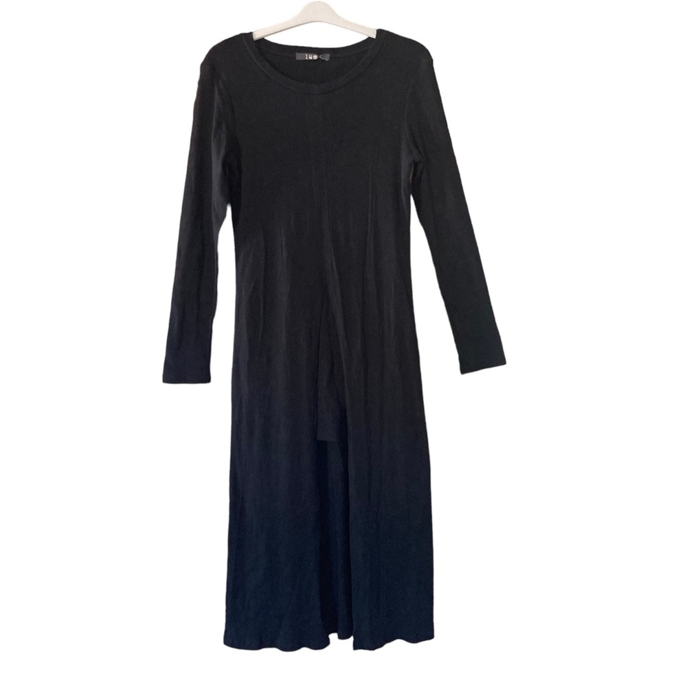 NWOT Solid Black Tiered High Slit Ribbed Stretch Long Sleeve Dress M Made in USA